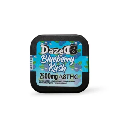 The square container of DazeD8 Blueberry Kush Delta 8 Dab (2.5g) features a vibrant blue design with blueberries. It contains 2500mg Δ8 THC, 100% hemp-derived Delta 8 distillate, no cutting agents, and is terpene-infused for an enhanced experience.