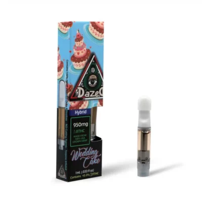 The DazeD8 Wedding Cake Delta 8 Cartridge 1G sits beside colorful packaging with cake graphics, featuring Dazed and Wedding Cake. It contains a potent blend of 950mg Delta 8, hybrid, and boasts a 43% Δ9THC content.