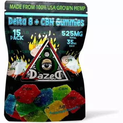 The DazeD8 CBN Delta 8 Gummies feature a psychedelic design with an eye in a triangle, labeled 15pc and 525MG Total, 35MG Each. These gummies come in assorted vibrant colors for a delightful experience.