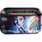 A DazeD8 Metal Rolling Tray featuring a stylized face painting with the text "where science meets art" and various graphic elements.