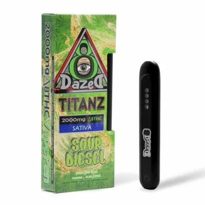 A black DazeD8 vape pen stands upright beside its sleek green and black packaging, labeled with TITANZ, Sour Diesel, and 2000mg Δ8THC Sativa. A mystic eye within a triangle graphic decorates the package.