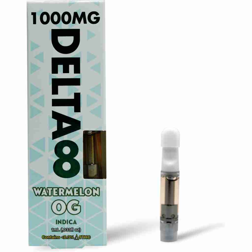 Image of a CannaXtra Watermelon OG Delta 8 Cartridge 1g next to its box, displaying 1000MG DELTA 8, the WATERMELON OG INDICA strain, and details 1mL (0.0351 oz), Contains 0.3% Δ9 THC, with a light green geometric design emphasizing the enticing Watermelon OG strain.