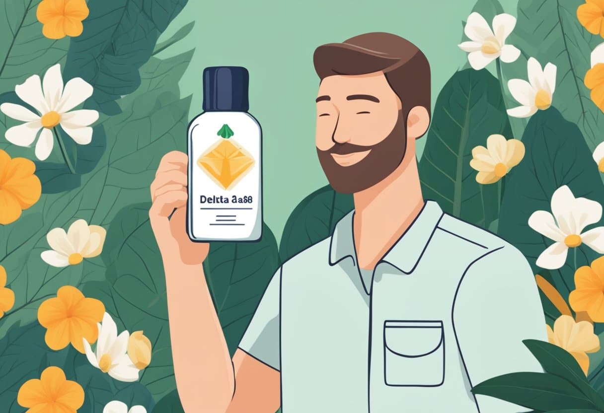 A man holding a bottle of delta-8 thc in front of flowers, offering natural pain relief with Delta 8.