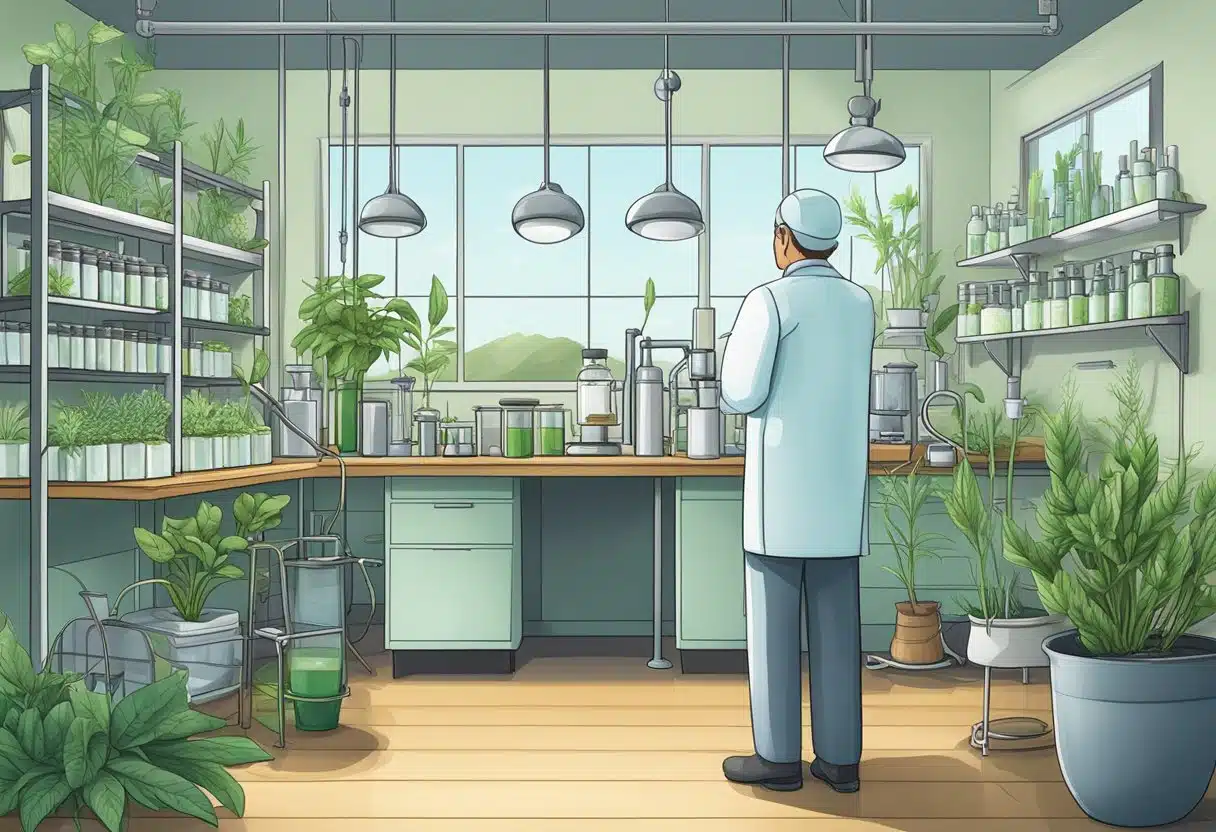 A man in a lab conducting research on plants for potential pain relief using Delta 8.