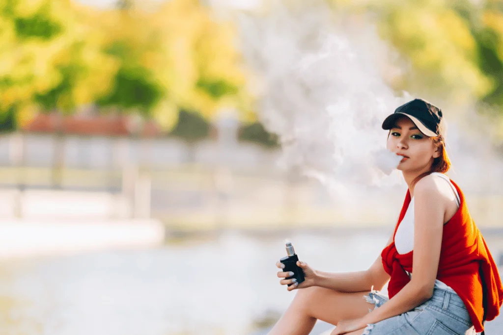A woman exercising and vaping