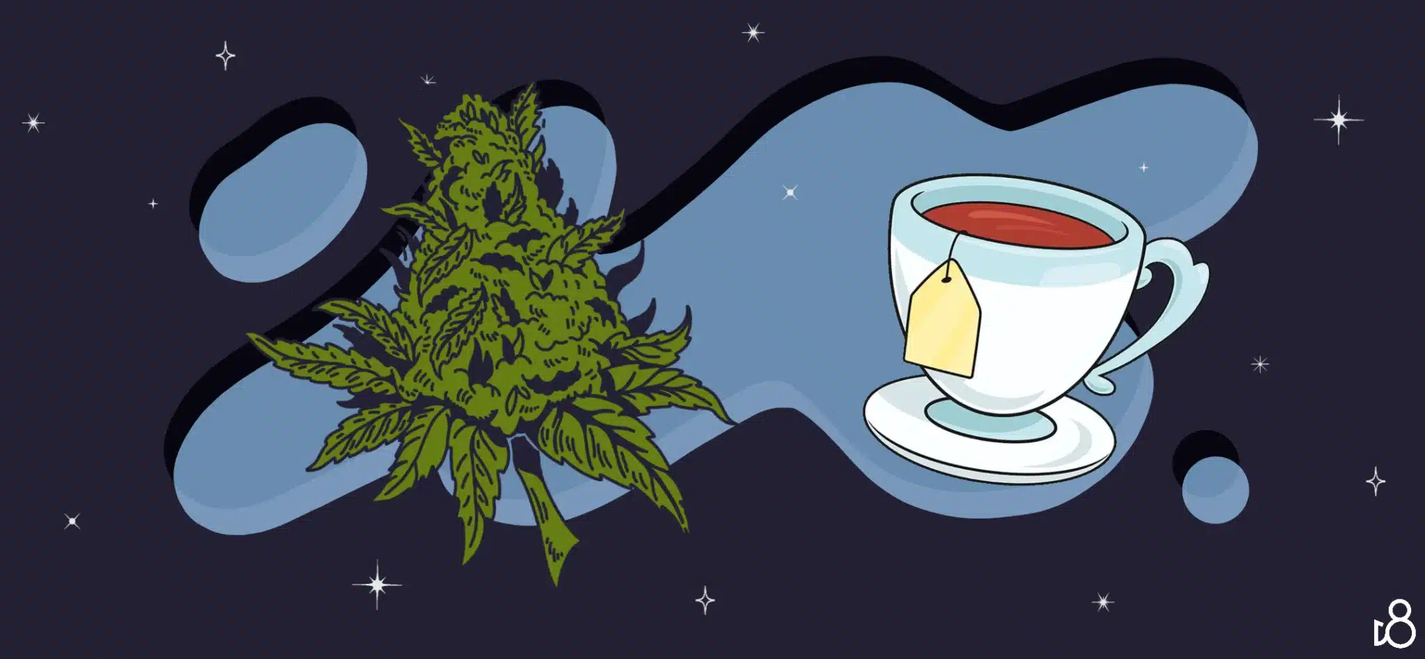 A cannabis plant and a cup of tea infused with weed stems.