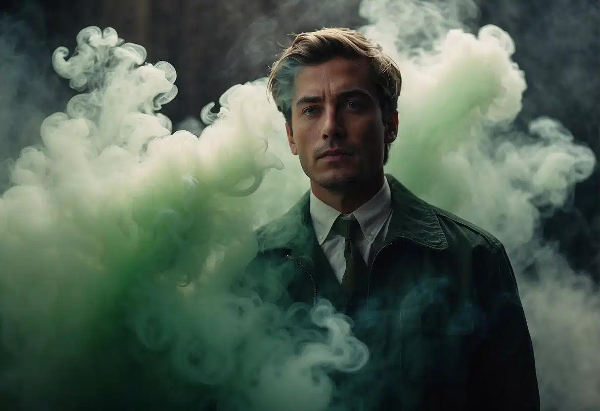 A man in a suit standing in front of green smoke, contemplating whether it's possible to "green out" on delta 8.