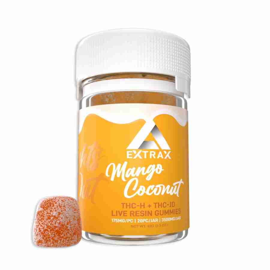Extra mango coconut Delta Extrax Lights Out 175mg THC-H + THC-JD + Live Resin D8 Gummies (20pcs) infused with Delta Extrax Live Resin.