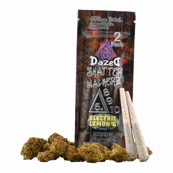 A bag of marijuana with a DazeD8 Shatterwalkerz 2-Pack Pre-Rolls (1.5g) next to it.