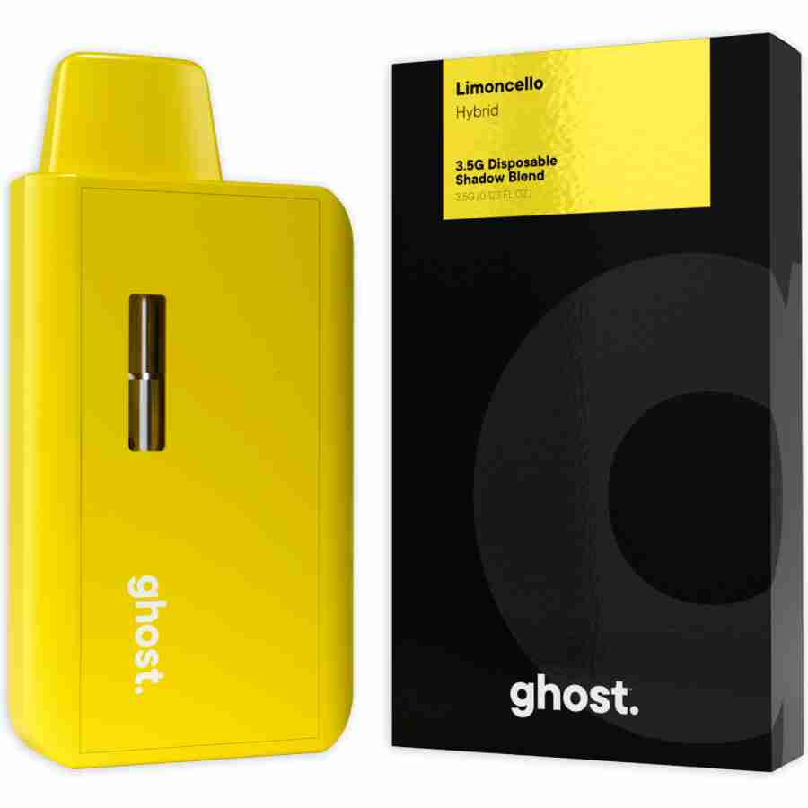 A yellow Ghost Shadow Blend Disposables (3.5g) e-cigarette in front of a box.