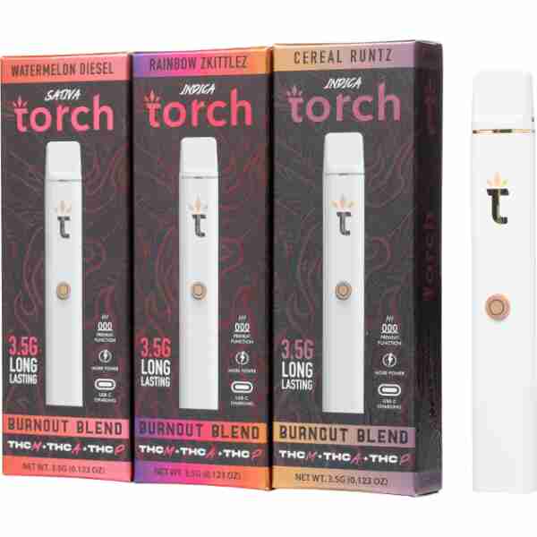 The Torch Burnout Blend Disposable Vape 3.5g, powered by delta 8 THC, is shown in front of a box.