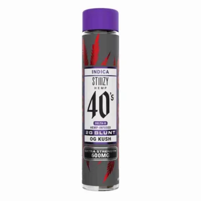 A tall, cylindrical black container labeled STIIIZY Hemp Delta-8 Pre Roll Blunts, features red leaf graphics and a purple cap. Inside awaits a potent 600mg OG Kush Indica blunt infused with Delta-8 hemp for extra strength in a 2g size.