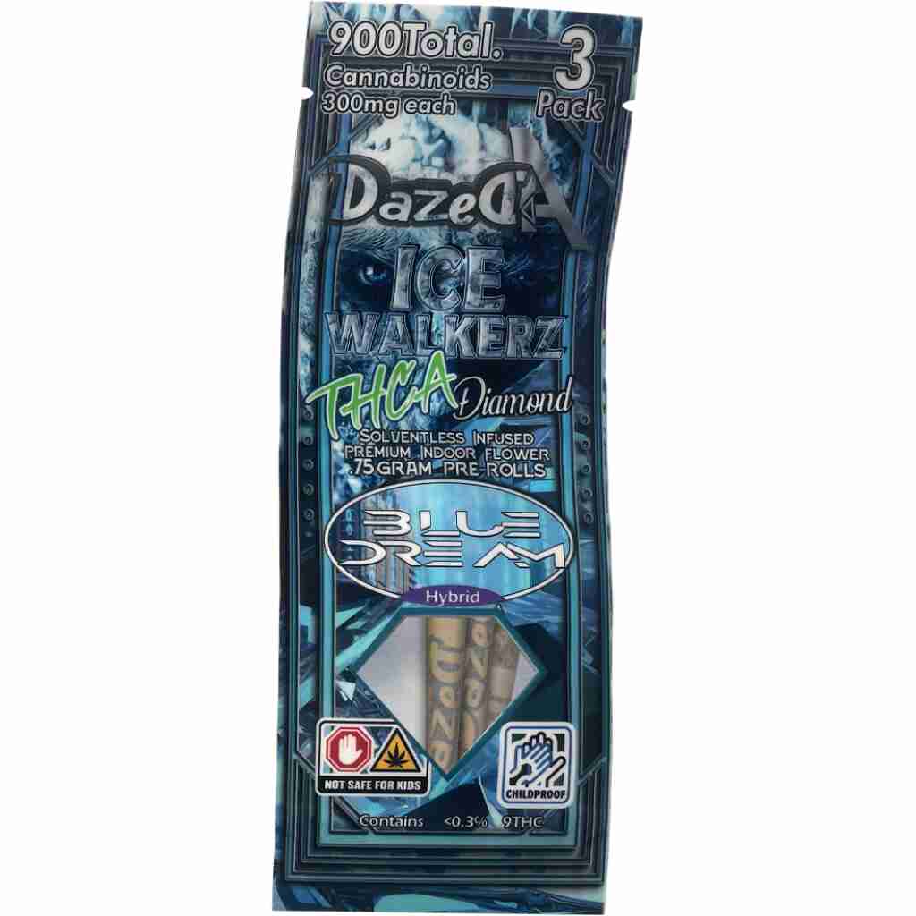 DazedA THCa Diamonds Icewalkerz 3-pk Pre-Rolls 2.25g Blue Dream