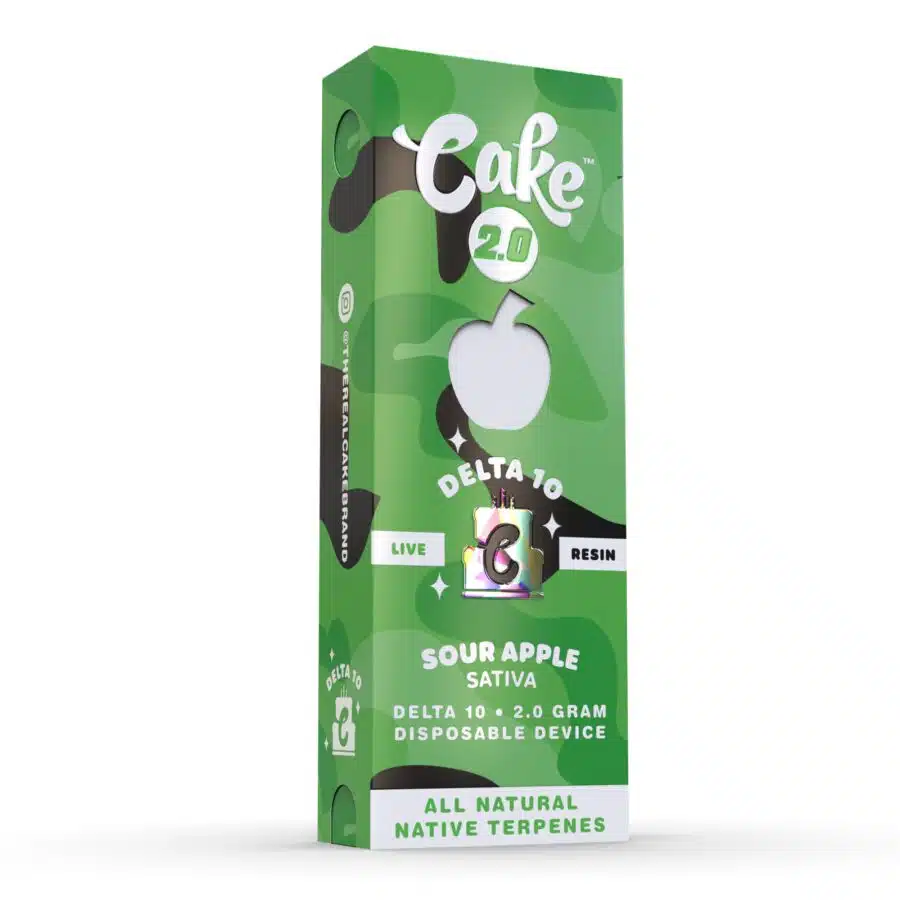 a box of Cake Delta 10 Live Resin 510 Cartridges (2.0g) 21 sour apple e-liquid.