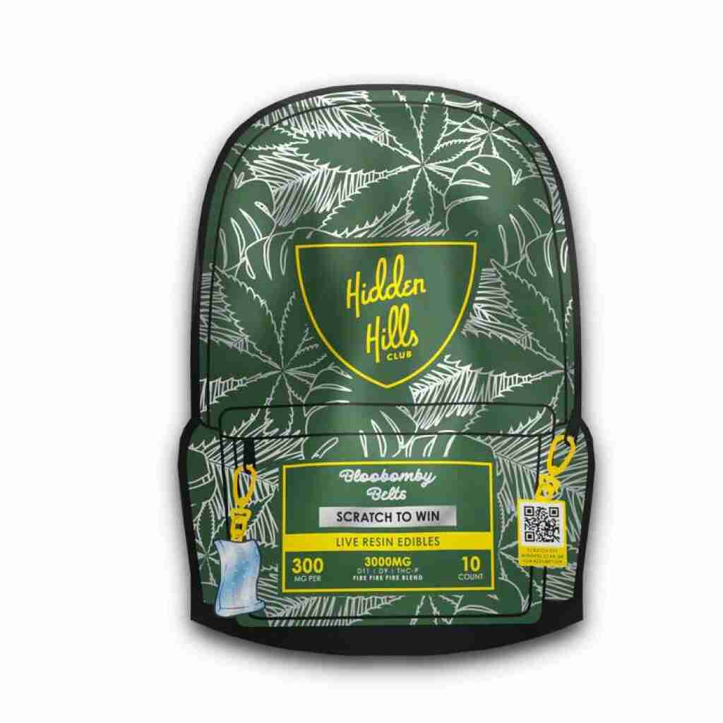 A green backpack with the words Hidden Hills Club Edible Belts 3000mg 10pcs on it, perfect for outdoor adventures and showcasing your individuality.