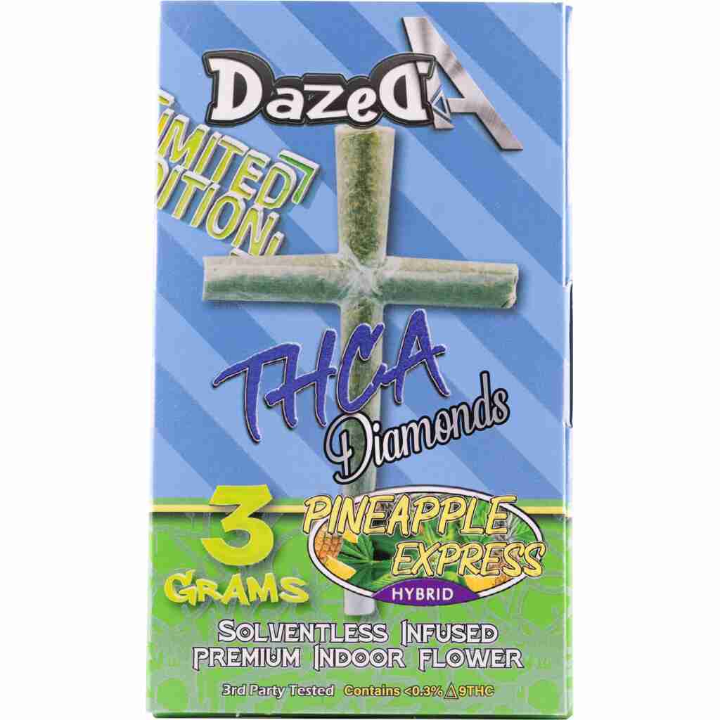 Check out DazedAs THCa Diamonds Cross Joints 3g packaging featuring Pineapple Express hybrid. The design boasts 3g of solventless, infused premium indoor flower with under 0.3% Δ9 THC against a vibrant blue and green background, ideal for crafting Cross Joints.