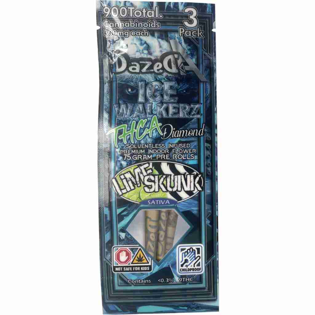 Dazed THCa Diamonds Icewalkerz Pre-Rolls 2.25g 3pk Lime Skunk