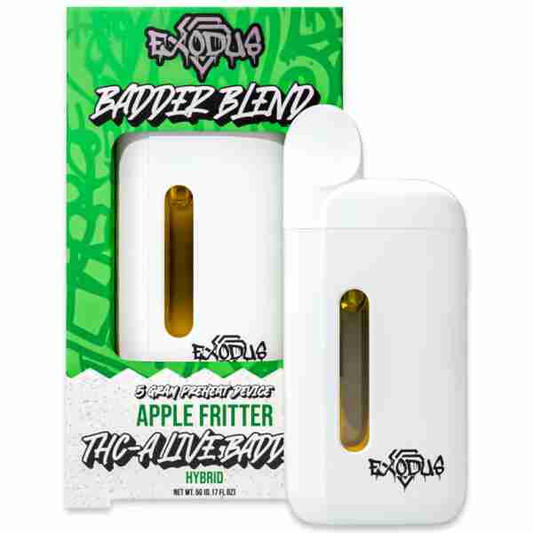 An exhale brand vape cartridge and packaging for "apple fritter the hypestix" hybrid strain with THCA Live Resin, displayed against a white background.