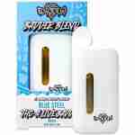 Packaging and disposable 5g vape pen for Blue Steel banana blend THCA Live Resin, featuring a white and blue box with the product visible through a window.