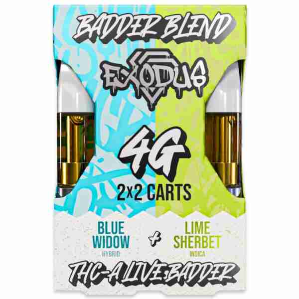 Packaging for THCa vape cartridges, displaying "Badder Blend Exodus THCa Sodaz" brand, flavors "Blue Widow" and "Lime Sherbet," with vibrant blue and lime graphics