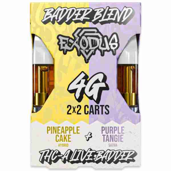 Image of two cannabis vape cartridges with labels reading "budder blend exotix 4g" in flavors "Pineapple Cake" and "Purple Tangie" with thc content indicated.