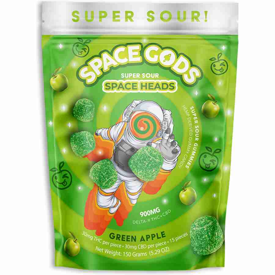Space Gods Super Sour Space Heads green apple gummies.
