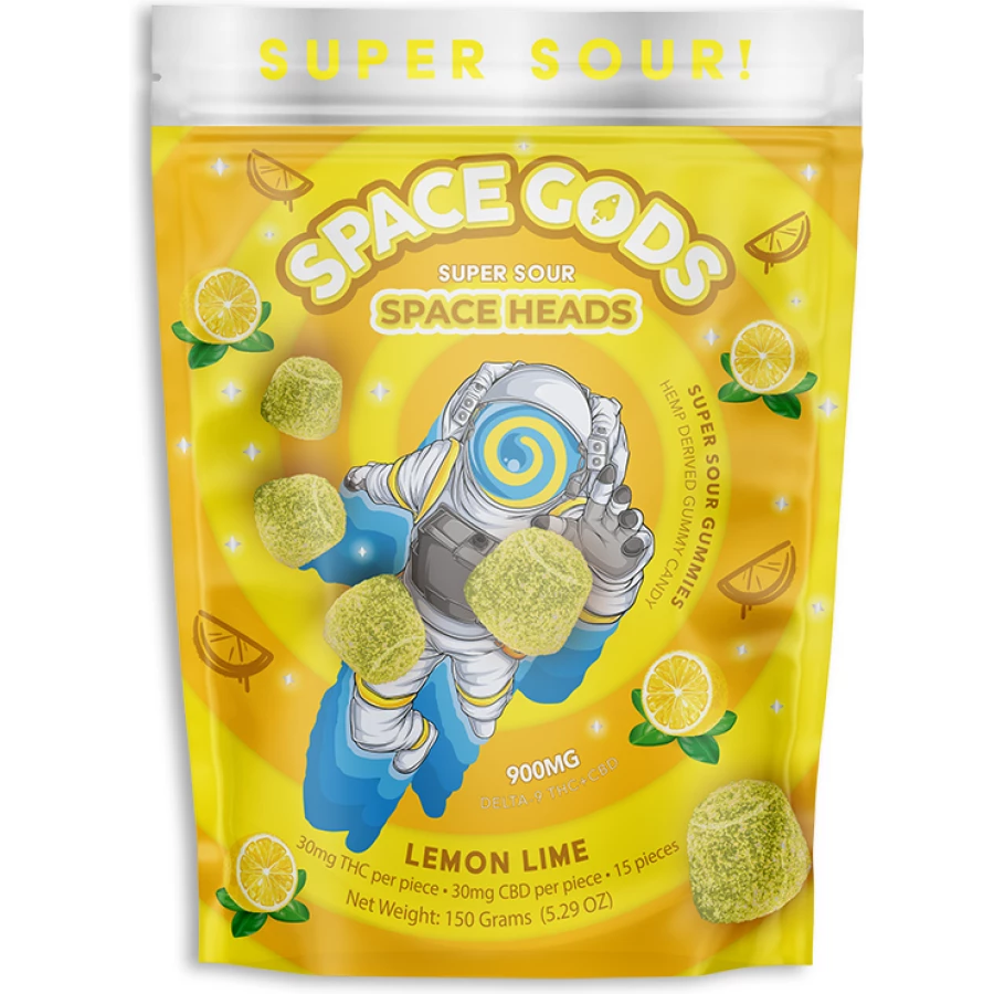 Space Gods Super Sour Space Heads lemon lime gummies.