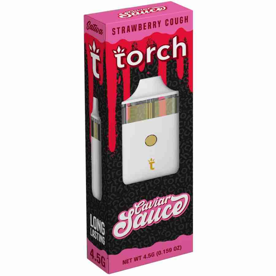 A pink box with a Torch Caviar Sauce Disposables (4.5g) in it.