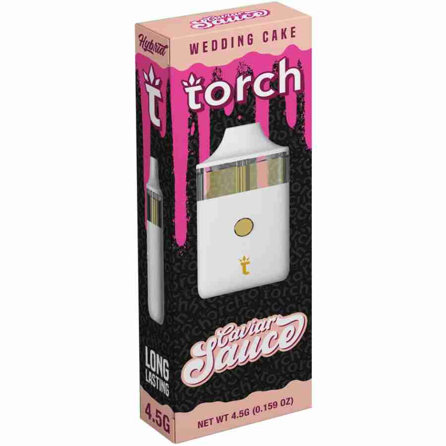 A white box of Torch Caviar Sauce Disposables (4.5g) with a pink and white label on it.