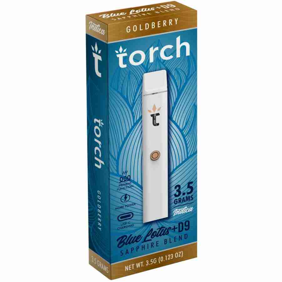 A box of Torch Blue Lotus Sapphire Blend Disposable Vape Pens | 3.5g in a white box.