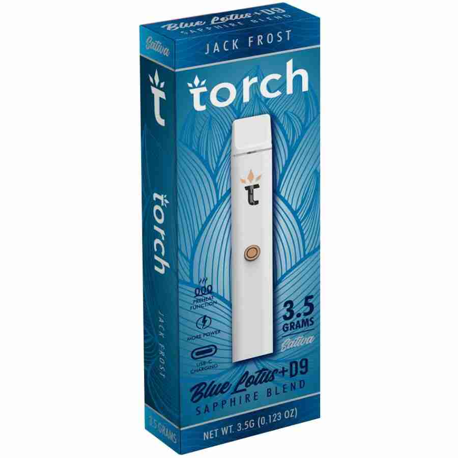 A white box with a Torch Blue Lotus Sapphire Blend Disposable Vape Pens | 3.5g in it.