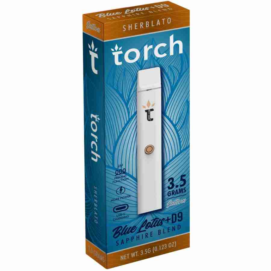 A box with a Torch Blue Lotus Sapphire Blend Disposable Vape Pens | 3.5g in it.