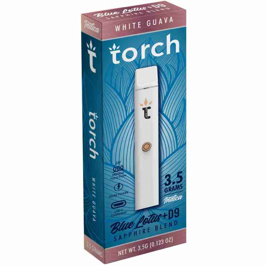A box of Torch Blue Lotus Sapphire Blend Disposable Vape Pens | 3.5g in front of a white box.