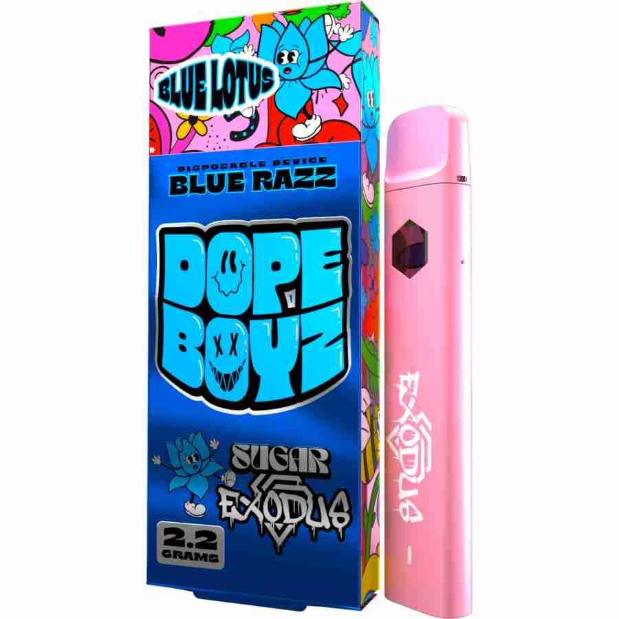 a pink box with a Sugar Exodus Dope Boyz Blue Lotus Disposables (2.2g) e-liquid.