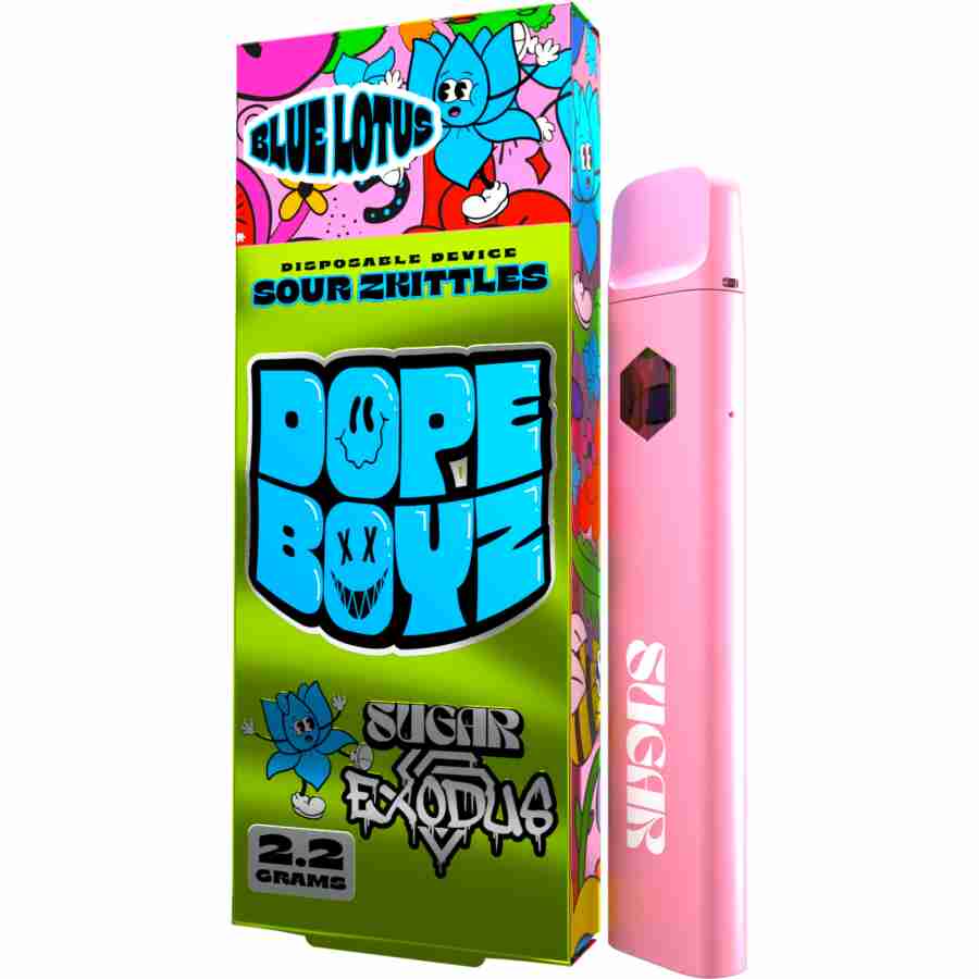 a pink box with a pink Sugar Exodus Dope Boyz Blue Lotus Disposables (2.2g) e-liquid.