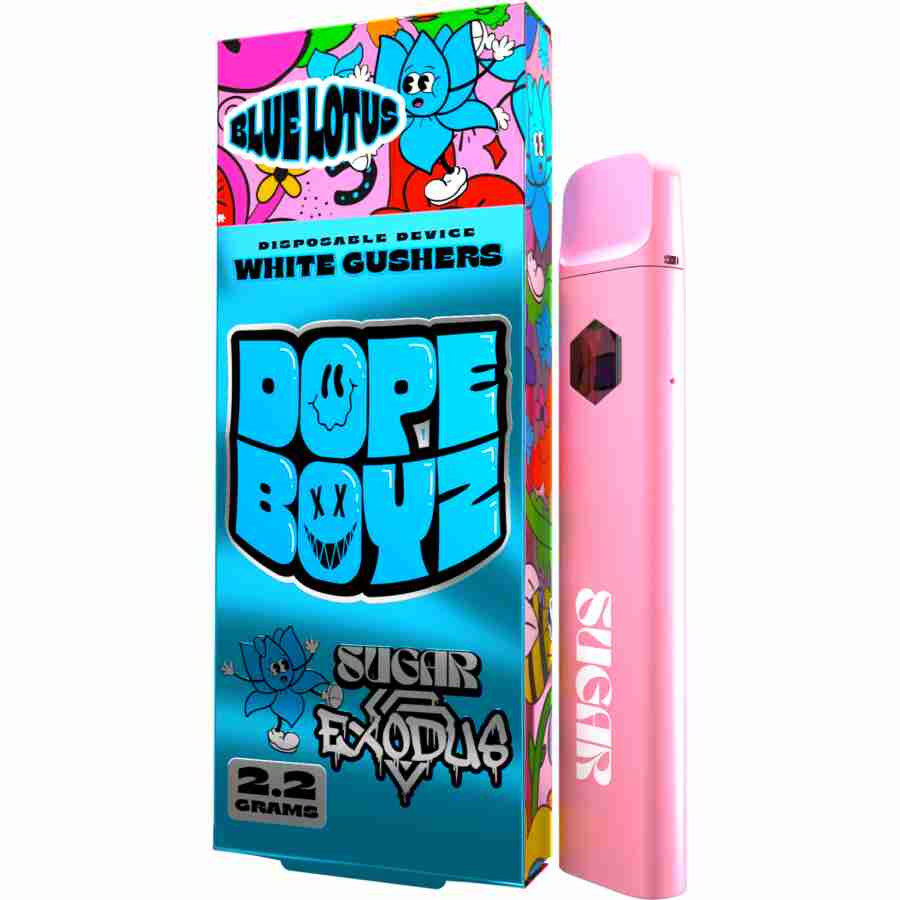 Sugar Exodus Dope Boyz Blue Lotus Disposables (2.2g) in a pink box.