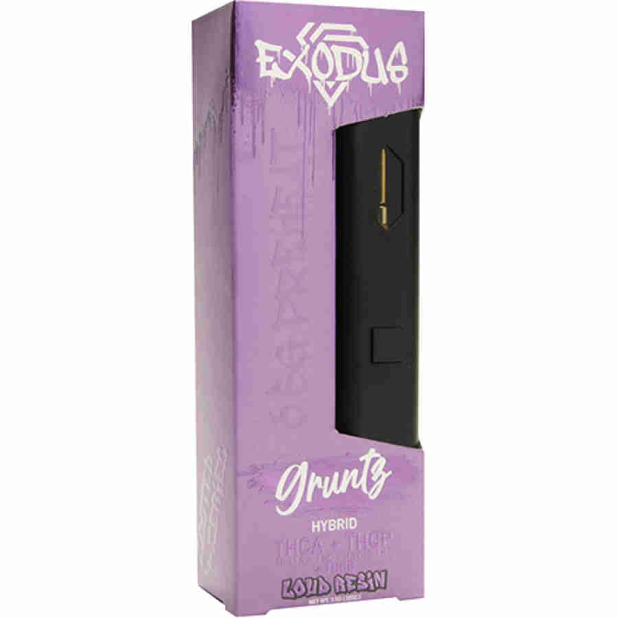 A purple box with a black and purple logo of the Exodus Zooted Zeries Loud Resin Disposable Vape Pens (3.5g) on it.