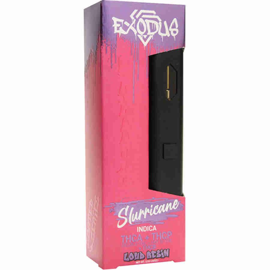 A black and pink box with a Exodus Zooted Zeries Loud Resin Disposable Vape Pens (3.5g) e-cigarette.
