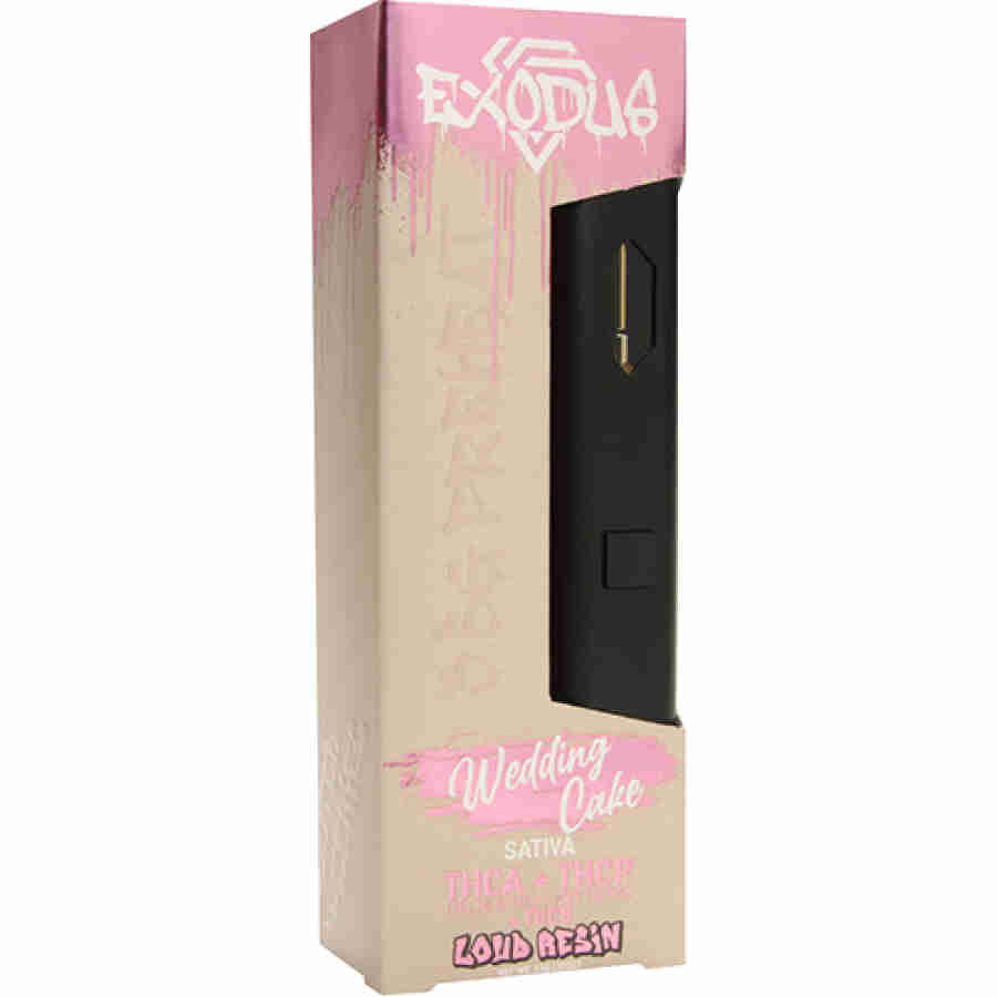 A box with a pink and black Exodus Zooted Zeries Loud Resin Disposable Vape Pens (3.5g) in it.