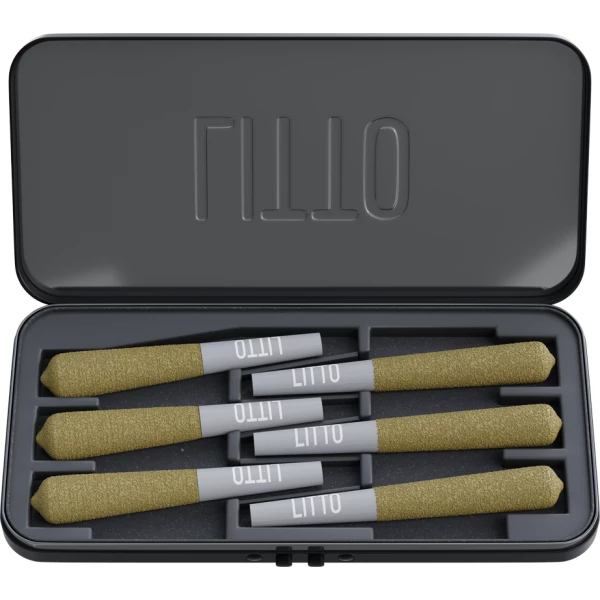 A black case with a set of Litto Premium Pre-Rolled Half Gram Joints (6pc) in it.