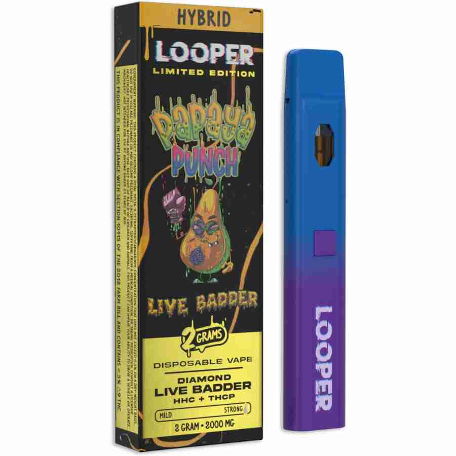 A box of Looper Live Badder Disposable Vape Pens | 2g with a blue and purple box.