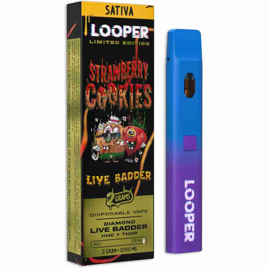 A box of Looper Live Badder Disposable Vape Pens | 2g with a blue object.