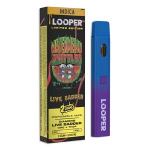 A blue and purple Looper Live Badder Disposable Vape Pen with a purple box.