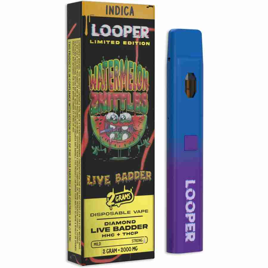 A blue and purple Looper Live Badder Disposable Vape Pen with a purple box.