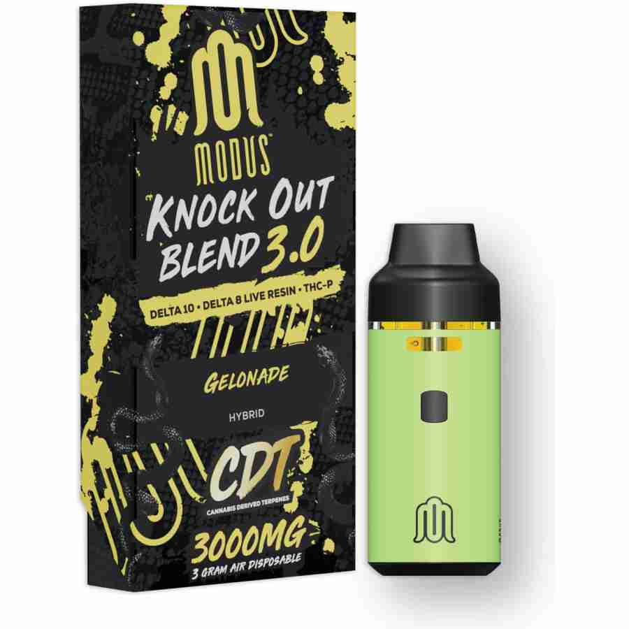 A green box with a box of the Modus Knockout Blend Disposables (3.0g) e-liquid.