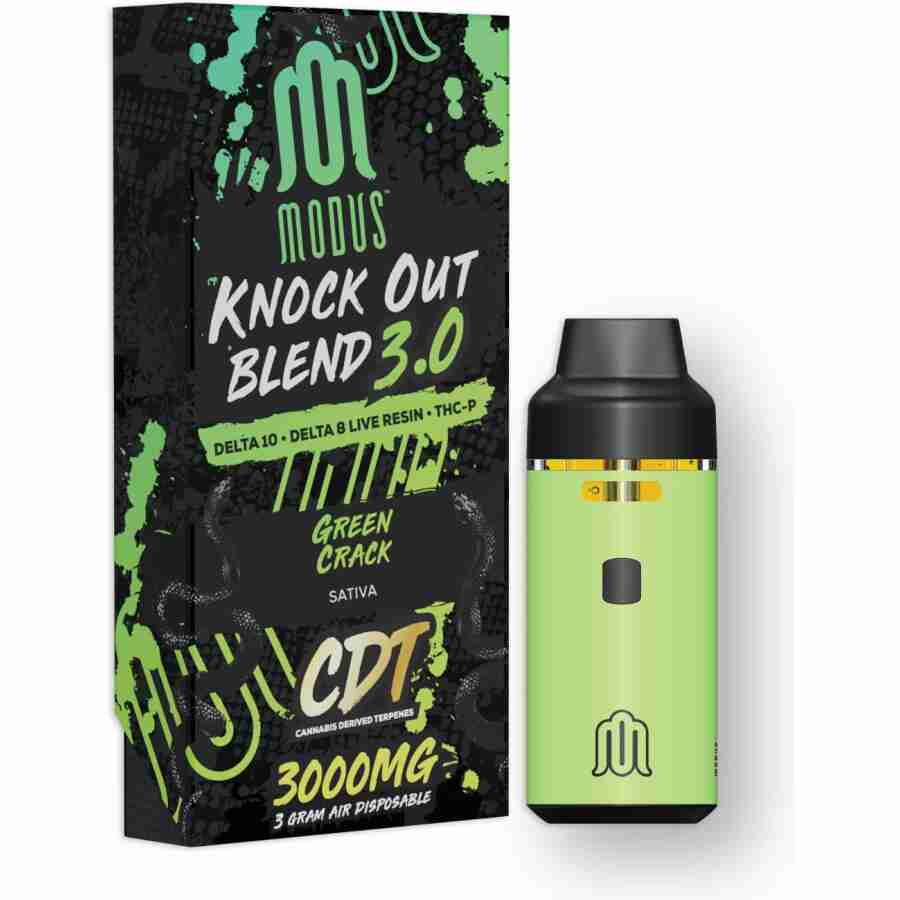 A green box with a Modus Knockout Blend Disposables (3.0g) e-cigarette in it.
