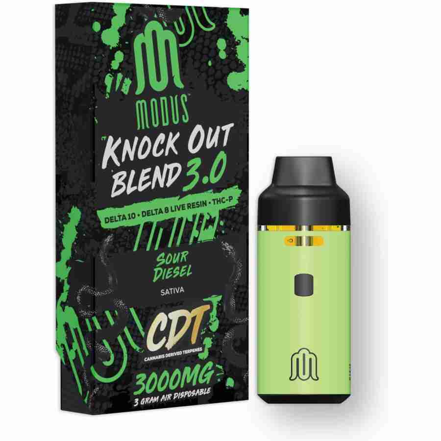 A green box with the Modus Knockout Blend Disposables (3.0g) e - cigarette.