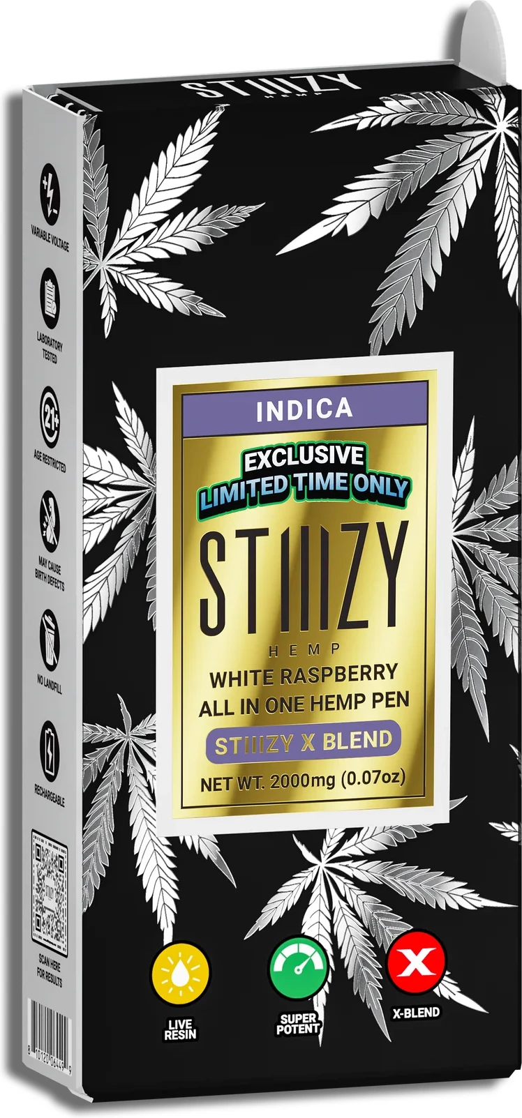 A package of STIIIZY Exclusive: AIO X-Blend Disposable Vape Pens (2g) on a white background.
