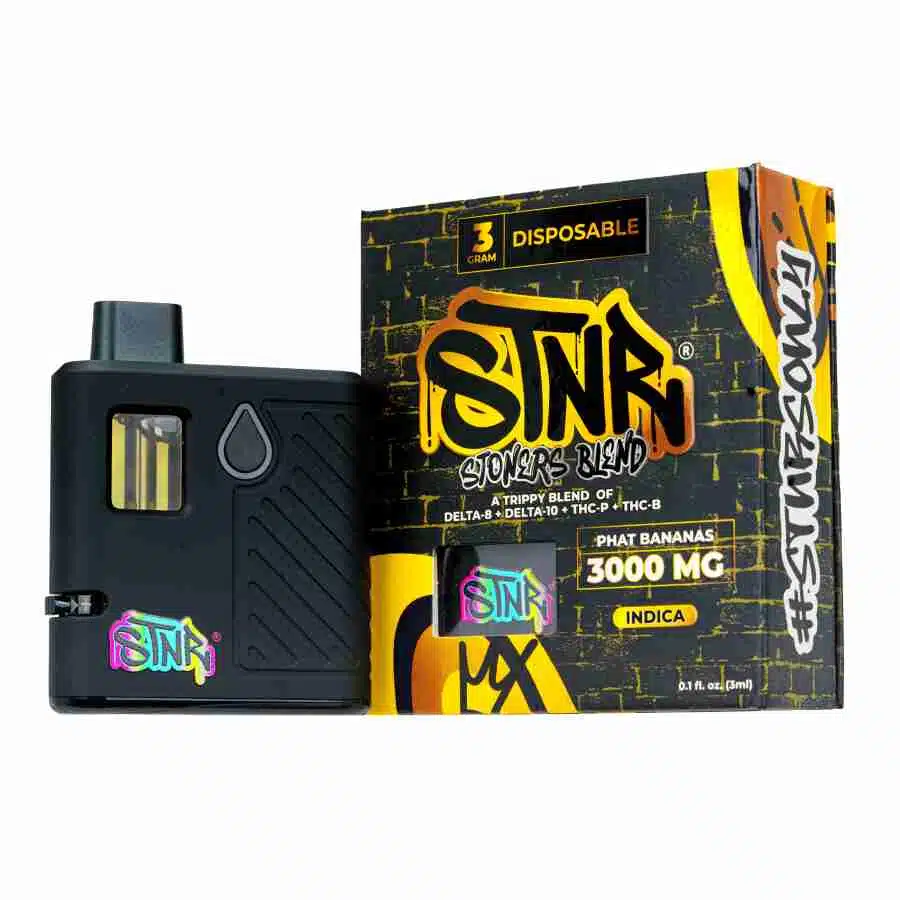 an STNR Creations XL2 Disposable Vape (3g) Pen & Battery accompanied by a box and a bottle of e-liquid.