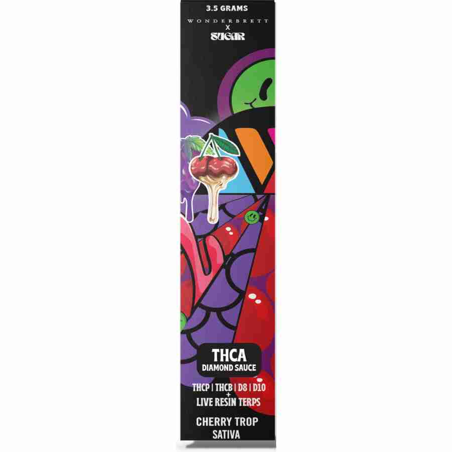 A Sugar x Wonderbrett THC-A Disposable Vape (3.5g) with a colorful design on it.